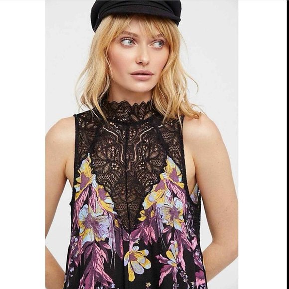 Free People Marsha Floral Printed Slip Dress High Neck Flirty Feminine Boho Fall - Picture 3 of 11
